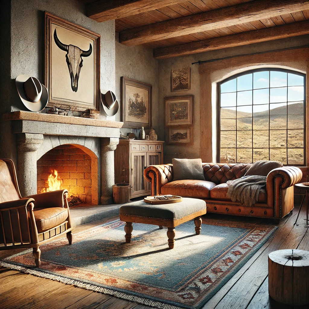 DALL·E 2025 03 25 15.45.16 A hyper realistic Western home decor room with a cozy inviting atmosphere. The room features a large worn leather sofa a vintage wooden armchair a