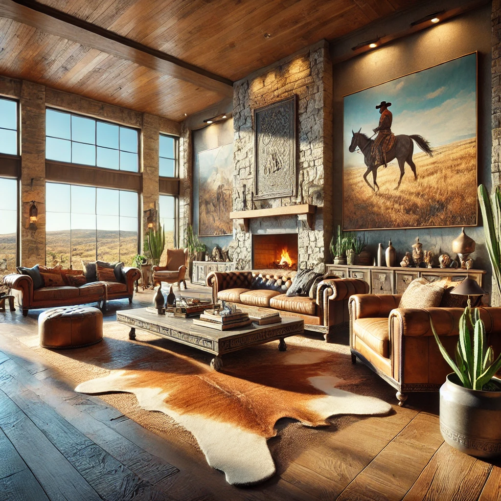 DALL·E 2025 03 25 15.45.39 A hyper realistic Western home decor room with an open floor plan. The space features an elegant Western living room with vintage leather sofas a lar