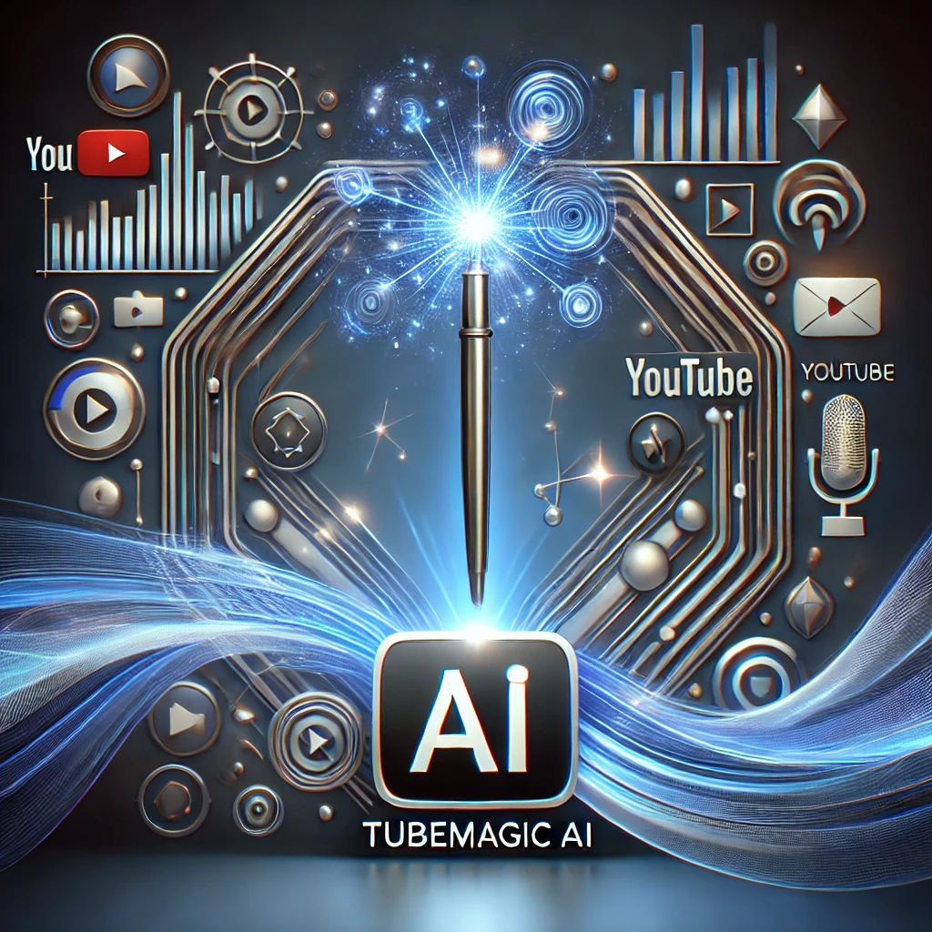 DALL·E 2025 04 08 14.01.27 A sleek futuristic digital interface representing TubeMagic AI as a tool for YouTube content creation. The design should feature abstract elements su
