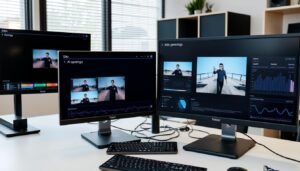 AI video generator testing process showing multiple screens with video editing interfaces