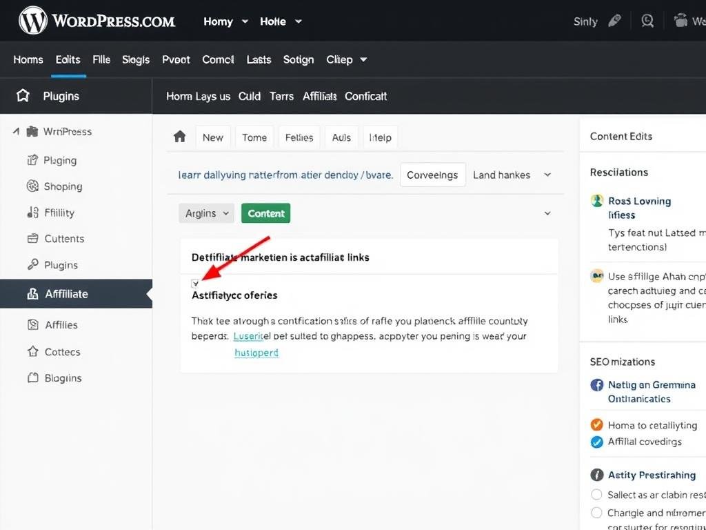 WordPress.com dashboard showing affiliate marketing plugins and content editor