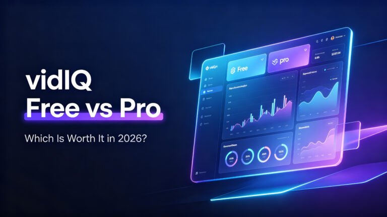 vidIQ Free vs Pro comparison dashboard showing analytics, keyword research, and growth metrics in 2026 5
