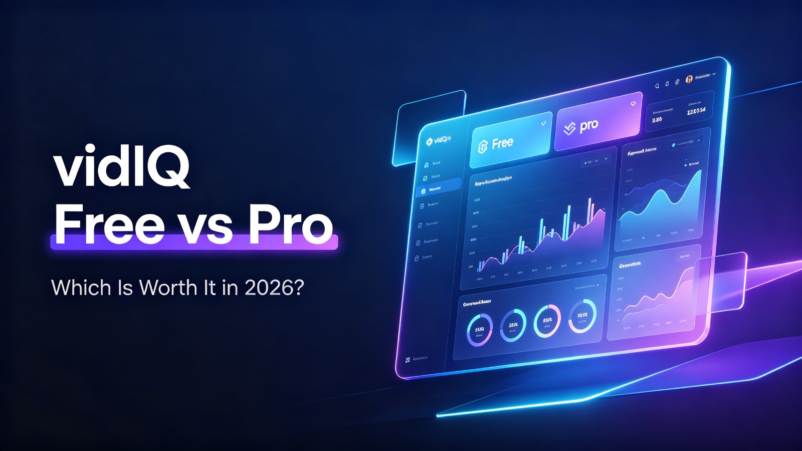 vidIQ Free vs Pro comparison dashboard showing analytics, keyword research, and growth metrics in 2026